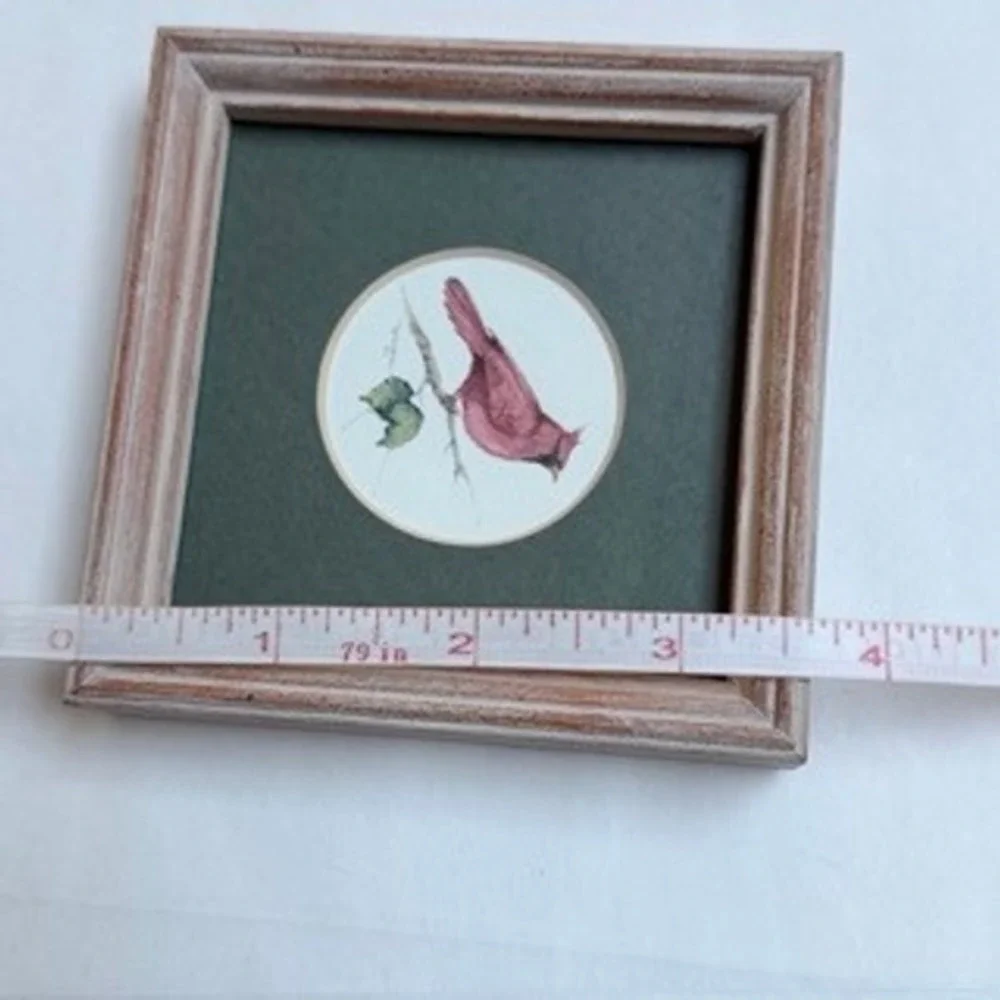 Vintage 1999 Framed Cardinal Bird Miniature Art Whitewash Wood Frame 3.75in